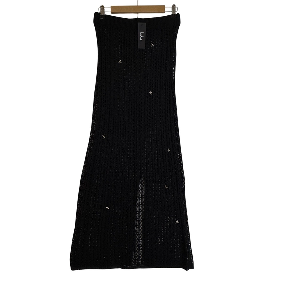 Lulus Black Starfish Crochet Maxi Skirt Sheer Beach Cover Up Slit Large NWT